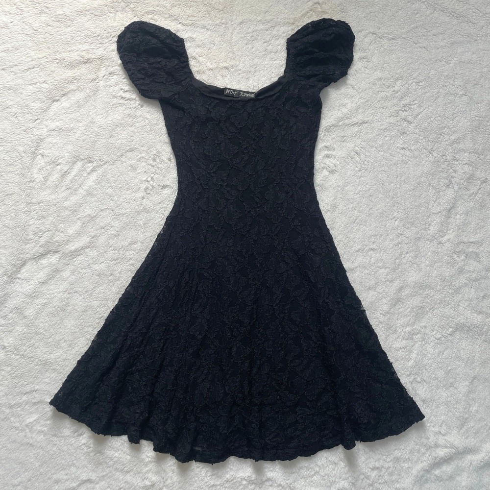 Vintage Betsey Johnson Black Lace Puff Sleeve Mini Dress Square Neck Goth Small